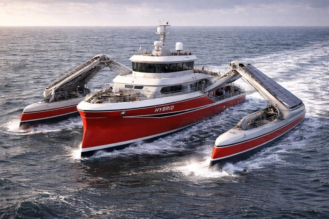 Clean illustration of a hybrid fishing vessel concept